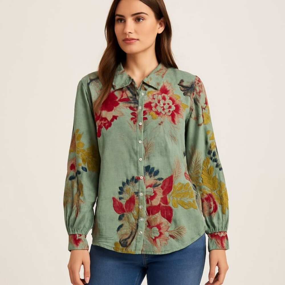 Floral Button-Front Blouse in Sage Green